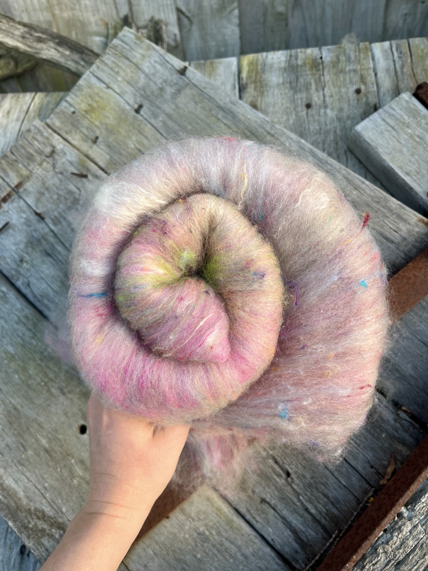 Handmade wool batt for spinning or felting: pastel dyed NZ wool blended with sari silk, mulberry silk and kid mohair, featuring yellow and white accents, curled into a spiral on a natural wood background.