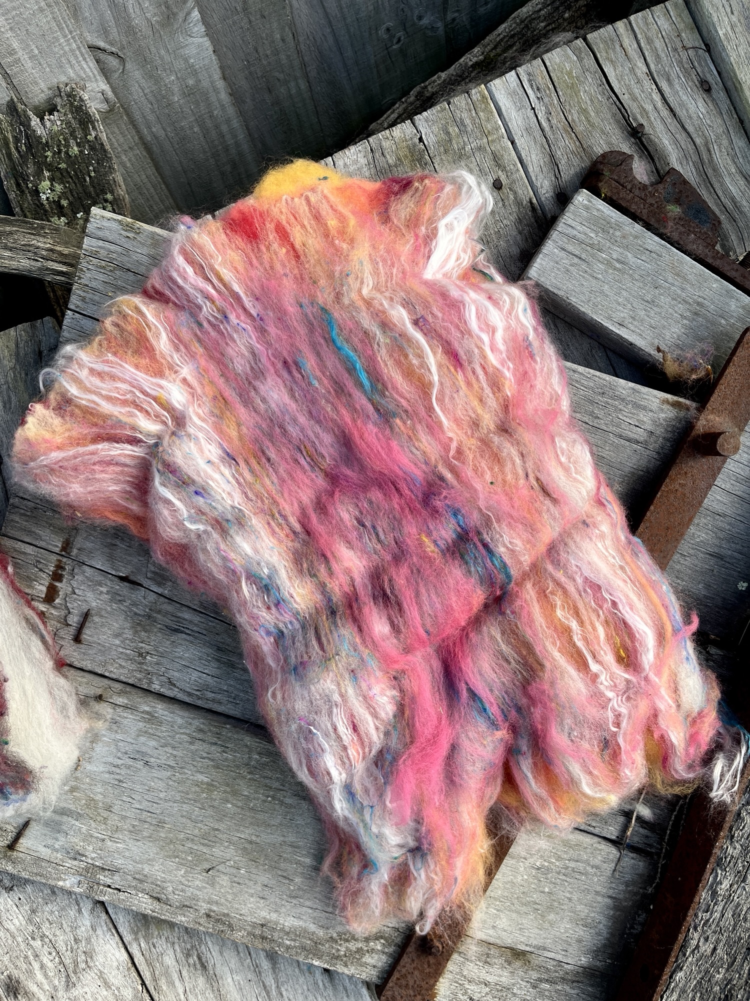 Handmade wool batt for spinning or felting: coral pink NZ wool blended with sari silk, mulberry silk and kid mohair, featuring blue and white accents, curled into a spiral on a natural wood background.